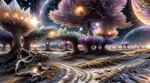 mushroom landscape,tree grove,fantasy landscape,psychedelic art,fantasy art,alien world,fairy forest,forest of dreams,alien planet,fairy world,chestnut forest,fantasy picture,fractal environment,nine-tailed,antasy,fractals art,3d fantasy,lunar landscape,sci fiction illustration,ghost forest