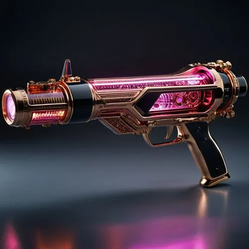 Photorealistic lifelike 4K. With many of its components made of (Obsidian) and Shown in its entirety in rifle-like configuration with sweeping overlapping components and multi-colored led lights with 