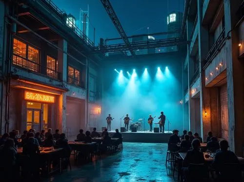 Industrial brutalist music venue, sustainable design, eco-friendly materials, recycled metal, reclaimed wood, energy-efficient lighting, solar panels on roof, green walls, living roofs, rainwater harv