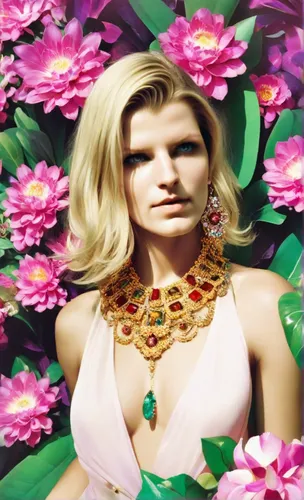 Extravagant fashion portrait of a woman wearing vibrant attire adorned with floral prints, vivid reds, and greens. Accessorized with gem-encrusted bold gold necklaces and oversized ruby earrings. Stri