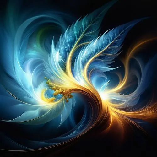 amazing fractal,a colorful abstract painting with an orange and blue swirl,phoenixes,sunburst background,pheonix,fenix,uniphoenix,plumes,Illustration,Realistic Fantasy,Realistic Fantasy 01