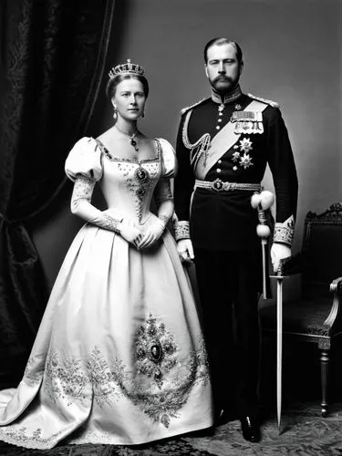 Full-length black and white portrait of Their Majesties King Karl I and Queen Olga of Württemberg.,a man and a woman in military clothes,romanovs,kaiser wilhelm ii,grand duke,kaiser wilhelm,emperor wi