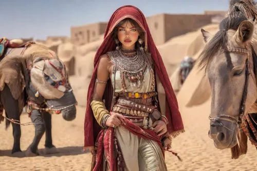 Tuareg girl,an egyptian woman and two horses in the desert,arabian,diriyah,aramaean,zarahemla,arabiyah,bedouin,hurriyah,neferhotep,saliyah,ancient egyptian girl,tuareg,razieh,sadriyah,husseiniyah,ashe