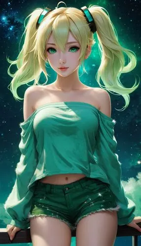 Night, stars, Hatsune Miku, off shoulder top, green fluffy shorts, blonde hair, beautiful realistic eyes, beautiful lips,,a anime girl with very short legs and green blouse,michiru,sonika,yang,mari,lu