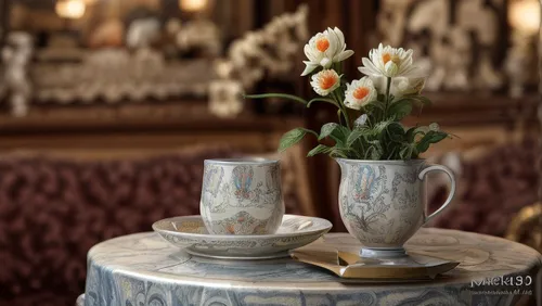 teacup arrangement,tea service,porcelain tea cup,tablescape,chinaware,place setting,flower vases,cup and saucer,table decoration,tableware,vintage tea cup,floral with cappuccino,vintage china,tea cups,tearoom,table arrangement,tea set,place cards,table decorations,table setting