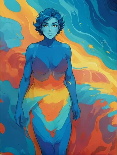 A close-up shot with blue shadows blurring up a swirling mass of colors across a close-up shot.,a woman with blue body in red and yellow painting,lapis,lazuli,promethea,bluefire,kamille,andromeda,Illu