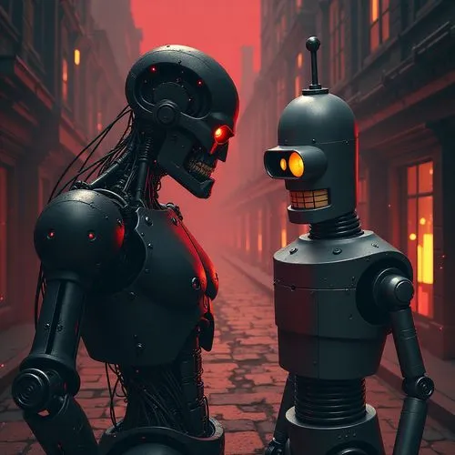 Терминатор против Бендера из футурамы,robot and human are facing each other on a city street,automatons,automata,automaton,robots,automatica,fembots,Conceptual Art,Fantasy,Fantasy 13