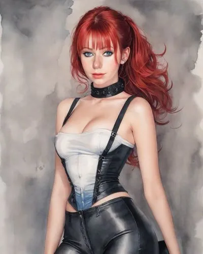 bloodrayne,madelyne,black widow,redhead doll,watercolor pin up,macniven,Digital Art,Watercolor