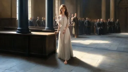 classicism painting: ((female defendant, long dress, barefoot. bare feet, bare toes)), inside 17th century courtroom, standing on stone floor, 2 bare feet with 5 toes showing each,margaery,heatherley,