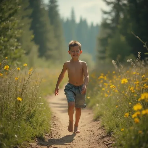 meadow play,happy children playing in the forest,little girl running,gekas,toddler walking by the water,walking in a spring,Photography,General,Realistic