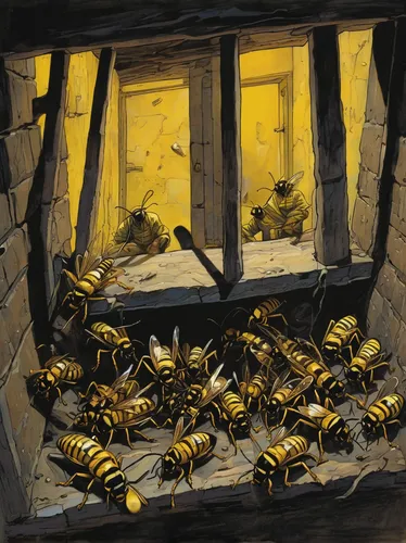 Craft a suspenseful scene where a group of friends is trapped in a dark basement with a swarm of angry yellow jackets.,bee colony,beekeeping,beekeepers,bee colonies,bee farm,beehives,bees,swarm of bee