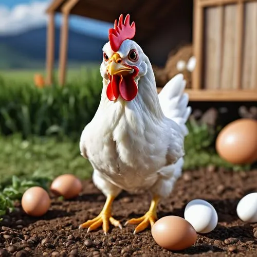  Create an image of a funny, goofy caricature of a chicken. She is looking down at one of her eggs that has just hatched. Emerging from the newly hatched egg is a photo realistic miniature version of 