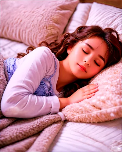 Sleeping girl, lying down, cozy posture, soft focus, gentle facial expression, closed eyes, eyelashes, slight smile, curly brown hair, comfortable pajamas, fluffy blanket, white pillow, relaxed hands,