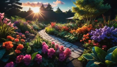 pathway,flower garden,fairy world,nature garden,flower border,fairyland,wooden path,fairy forest,summer border,forest path,fairy village,the mystical path,wonderland,fantasy landscape,garden of eden,3d fantasy,to the garden,golden border,flower bed,tulips,Photography,Artistic Photography,Artistic Photography 02