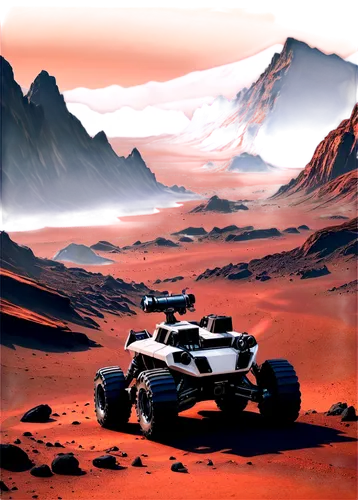 Mars planet, realistic, high-resolution, rocky terrain, red soil, barren landscape, towering mountains, deep craters, vast valleys, robotic rover, NASA's curiosity, dusty atmosphere, misty horizon, dr