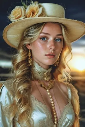 a young woman wearing a hat, gown and a golden necklace,cowgirl,southern belle,margairaz,countrywomen,the hat of the woman,sombrero,Photography,General,Realistic