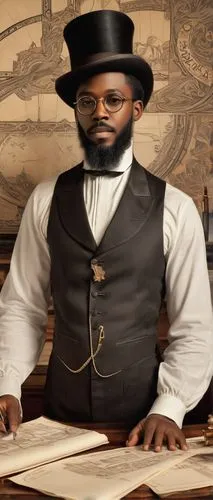 black businessman,african businessman,black professional,scholar,barrister,concierge,librarian,stovepipe hat,african american male,novelist,aristocrat,bookkeeper,white-collar worker,historian,organist,the local administration of mastery,accountant,jurist,author,mayor,Illustration,Retro,Retro 08