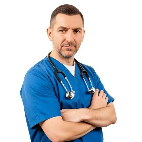 a doctor is frowning while standing with his arms crossed,male nurse,paramedical,healthcare worker,healthcare professional,physician,healthcare medicine