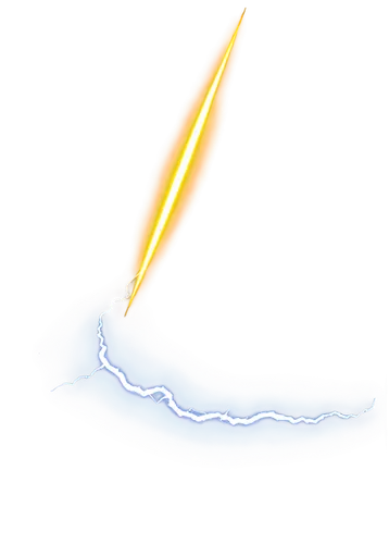 Electric lightning bolt, yellow-white glow, zigzag shape, sharp edges, transparent background, dynamic movement, fast speed, sparks flying off, high voltage, intense bright light, 3/4 composition, dra