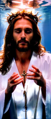 Jesus Christ, holy, serene, long hair, beard, gentle eyes, white robe, golden halo, praying hands, sacred heart, crown of thorns, soft focus, warm lighting, 3/4 composition, shallow depth of field, ci