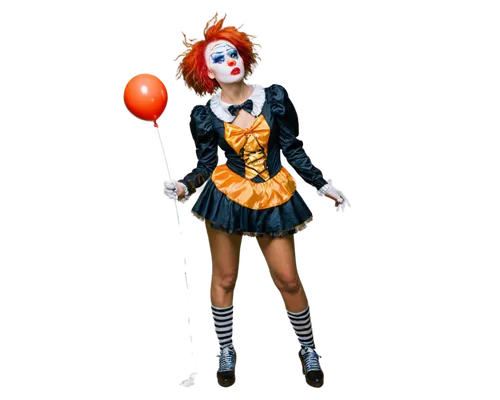 Angry clown, solo, red nose, white face paint, exaggerated eyebrows, red lips, messy orange hair, colorful costume, oversized shoes, holding a broken balloon, standing, intense expression, dramatic li