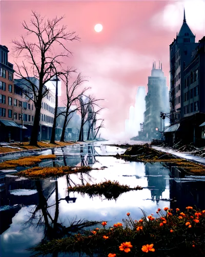 post-apocalyptic landscape,city scape,dusk background,cartoon video game background,darktown,urban landscape,rivertowne,rivertown,virtual landscape,auraria,bioshock,destroyed city,heartlands,dreamfall,fantasy city,urbanworld,city moat,cityview,providence,cityscape,Illustration,Black and White,Black and White 10
