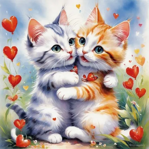 summer cat and kitty hugging and kissing each other with hearts flying around.,heart clipart,cat lovers,cat love,sweethearts,valentine clip art,cute cartoon image,love for animals,kittens,cute animals