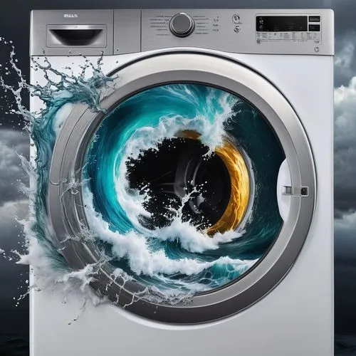 Stormy sea with thunderstorms in the bulls eye of a washing machine Hyperrealistic, splash art, concept art, mid shot, intricately detailed, color depth, dramatic, 2/3 face angle, side light, colorful