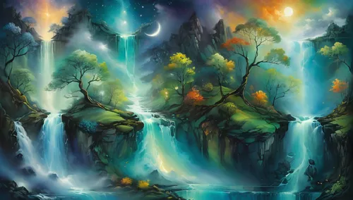 fantasy landscape,alfheim,fantasy picture,elven forest,waterfalls,water fall,Conceptual Art,Daily,Daily 32