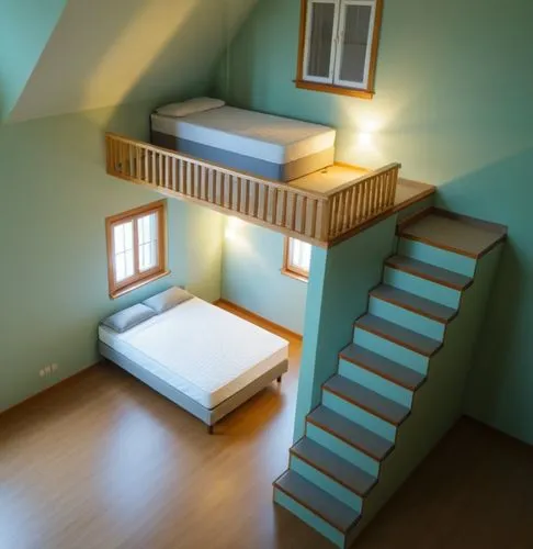 create bed of same color. add daylight in windowa,the stairs lead to another bed that is below,wooden stairs,bunkbeds,sleeping room,wooden stair railing,bunk beds,attic,Photography,General,Realistic