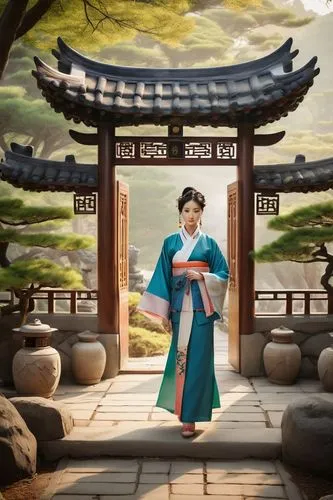 Traditional Korean architecture, curved tile roof, ornate wooden door, intricate carvings, vibrant colors, majestic entrance gate, serene natural surroundings, lush greenery, subtle mist, soft sunligh