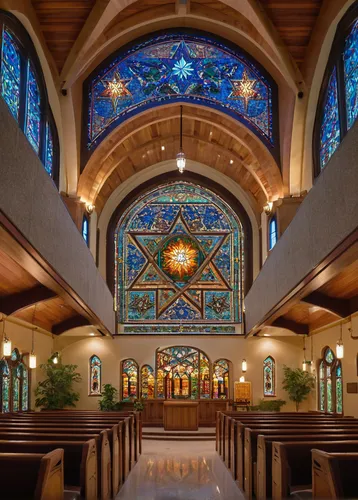 synagogue, Congregation Beth Sholom, religious architecture, stained glass windows, Star of David, stone facade, wooden pews, spiritual atmosphere, indoor lighting, warm ambient light, high ceiling, i