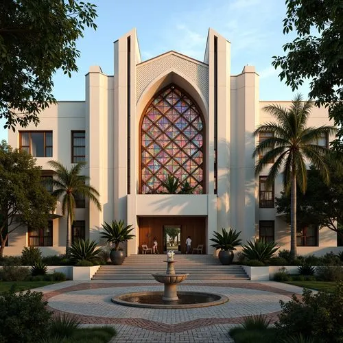 Art Deco church, symmetrical facade, ornate stone carvings, geometric patterns, vibrant stained glass windows, grand entrance, sweeping staircases, lush greenery, tropical plants, palm trees, decorati