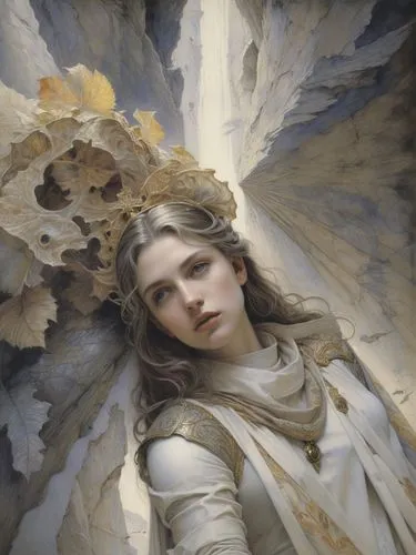 a painting of a woman with white dress,baroque angel,the angel with the veronica veil,angel,archangel,the angel with the cross,angel wings,Illustration,Realistic Fantasy,Realistic Fantasy 03