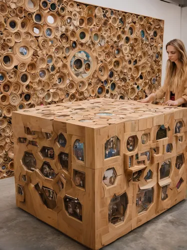 Craft a thought-provoking xart installation that challenges societal norms.,wooden cubes,insect hotel,insect house,nest workshop,chest of drawers,wooden balls,wood art,wooden blocks,made of wood,corru