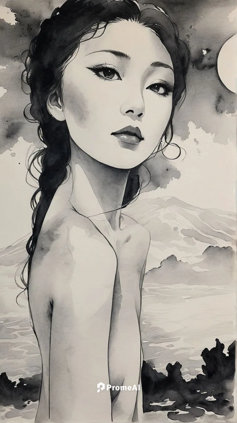 Moonlit Serenity by the Sea ,Passion Sexy Painting ,Naked Woman  Abstract Body Art Oil Painting
,diwata,underpainting,ugetsu,kimoto,okimoto,ink painting,arhats,japanese woman,girl in a long,foujita,vi