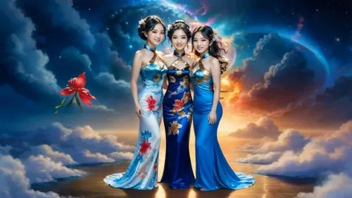 create a photo realistic image of three beautiful  Japanese very voluptuous goddesses. All three are floating in the void near a nebula in the back ground. All three females have beautiful angelic-lik