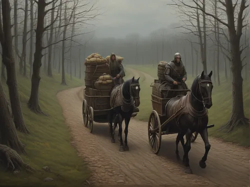 Transport Hartquist to a medieval fantasy realm where they embark on a dangerous quest to retrieve an ancient artifact.,straw carts,old wagon train,covered wagon,wooden carriage,straw cart,wooden wago