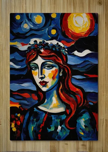 Mistress of the bright night  HD Metal print with Floating Frame on Back,oil painting on canvas,woman holding pie,starry night,oil on canvas,glass painting,oil painting,fabric painting,art painting,ac