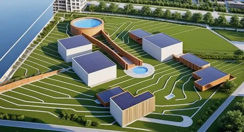 Sustainable neighborhood design center with a library of commercial centers and residential buildings and viewing platforms,an aerial view of a building with a pool in the middle,solar cell base,europ