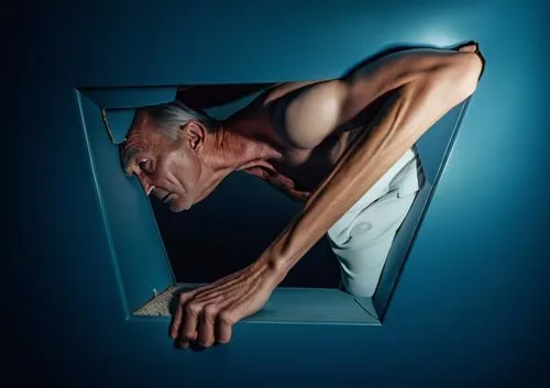 Man character locked in the hole, trying to get out, with emotions on his face, old man’s face tired, skin full of wrinkles, darkness in the hole behind him,ron mueck,pilobolus,holding a frame,naharin