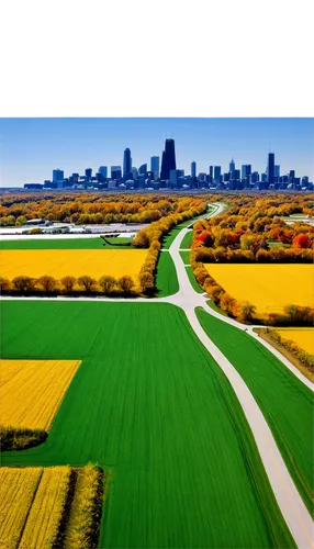 Map of Illinois and Indiana, road network, highway intersection, city boundaries, Chicago skyline, Indianapolis downtown, cornfields, rural landscape, autumn season, sunny day, low-angle shot, 3/4 com