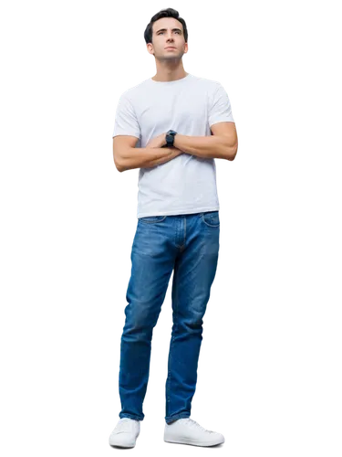 Sign, atheist, solo, male, 30s, strong facial features, short black hair, no glasses, casual wear, plain white T-shirt, blue jeans, sneakers, standing, relaxed posture, looking up, daytime lighting, s