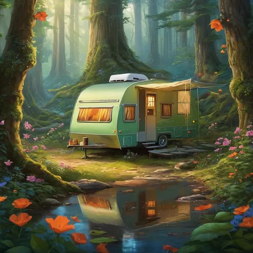 Write a short story about a camper who discovers a mysterious campsis flower in the middle of the enchanted forest.,autumn camper,campervan,small camper,camping bus,camping car,camper van isolated,cam