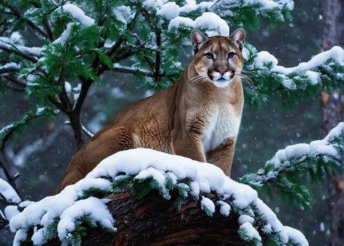 """Cougar (Mountain Lion) sitting atop a small tree during a winter storm ,mountain lion,great puma,cougar,siberian tiger,king of the jungle,cub,lynx,siberian,geometrical cougar,glory of the snow,terv