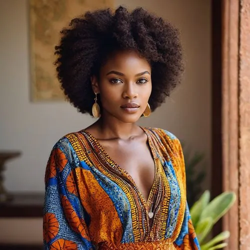 hermosa mujer africana natural super modelo de 20 años en un apartamento de lujo en África. Tiene la piel morena natural, sin maquillaje. Tiene el cabello largo, rizado y afro natural que cae sobre su