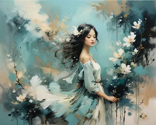 jasmine blossom,chinese art,flower painting,girl in flowers,jasmine blue,scent of jasmine,mystical portrait of a girl,white blossom,art painting,janome chow,falling flowers,blue birds and blossom,jasmine flower,jasmine,flower fairy,japanese art,watercolor blue,jasmine flowers,blooming wreath,blue hydrangea,Conceptual Art,Fantasy,Fantasy 10