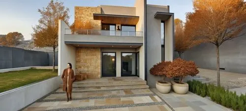 DISEÑO EXTERIOR DE CASA ESTILO MINIMALISTA, CON MUROS CON CANTERA GRIS, EN COMBINACION CON MUROS DE COLOR BLANCO Y GRIS,VENTANAS DE ALUMNIO CON CRSITAL, PLANO CINEMATOGRAFICO, CORRECCION DE ERRORES,a 