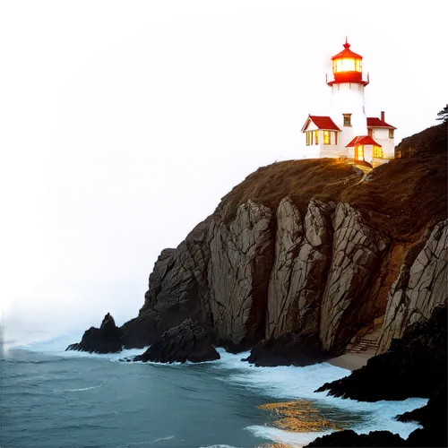 Lighthouse, nighttime, solo, towering structure, lantern room, Fresnel lens, spiral staircase, rugged coastline, rocky shore, crashing waves, misty atmosphere, warm lighting, golden glow, dramatic sha