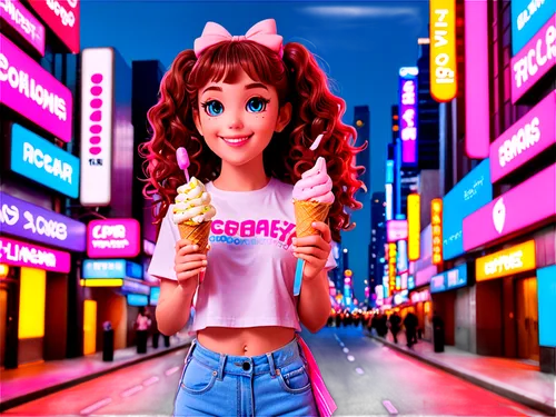 neon ice cream,anime 3d,barbie,3d render,retro girl,cinema 4d,candy island girl,3d model,magenta,pink ice cream,woman with ice-cream,3d background,digiart,3d figure,kawaii ice cream,anime girl,3d fantasy,ice cream stand,3d rendered,anime japanese clothing,Conceptual Art,Sci-Fi,Sci-Fi 26